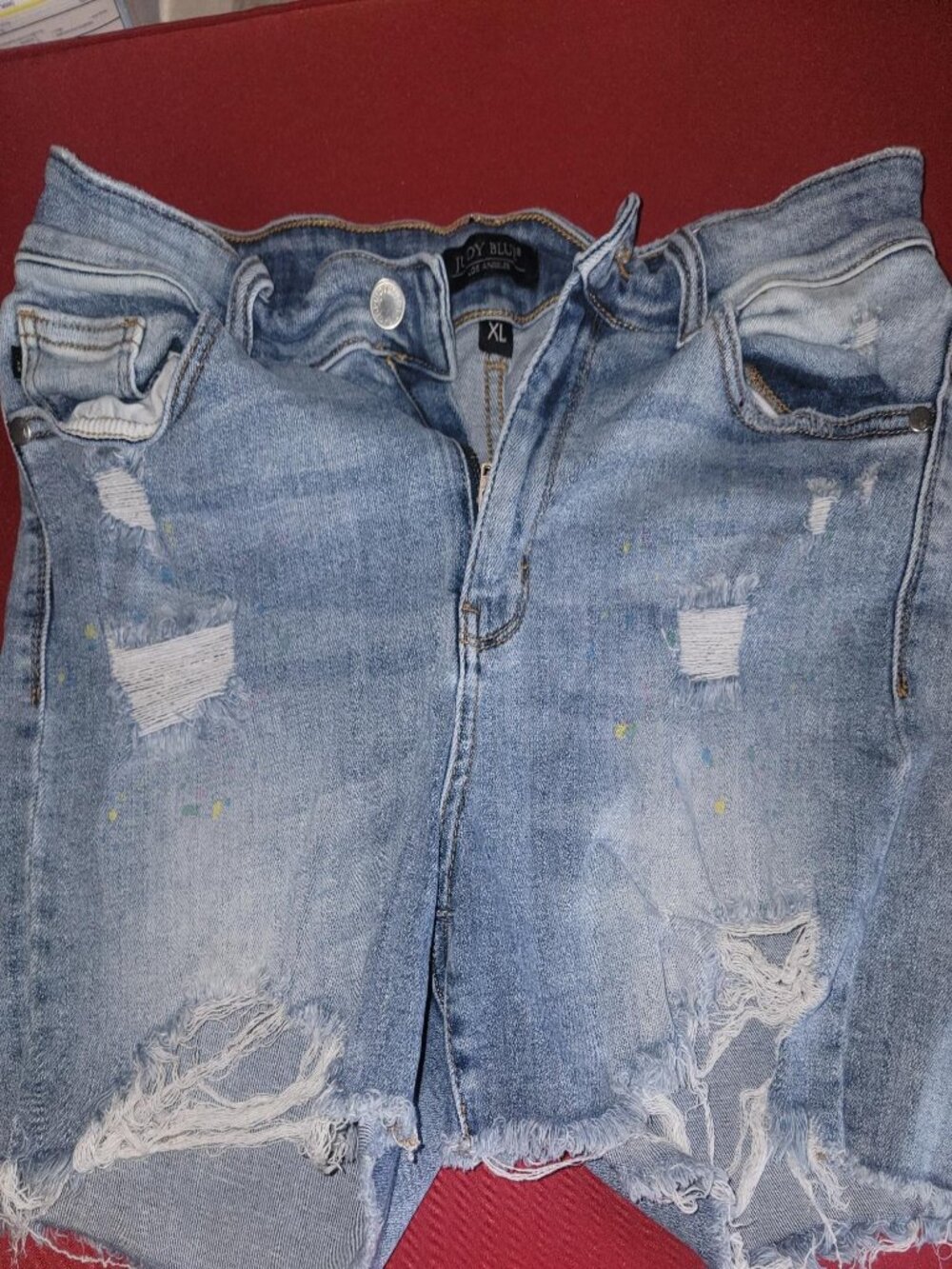 Judy Blue XL Distressed Paint Splatter Stretch Denim Shorts Raw Hem Festival